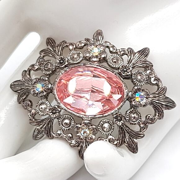 Vintage 1928 Co Pink Rhinestone Brooch, White Enamel Back, AB Rhinestones, 1980s - Picture 1 of 9